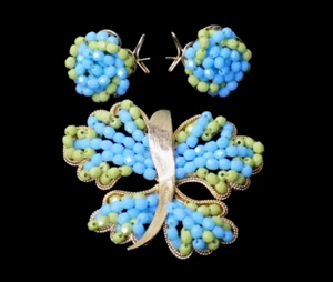 Vintage Judith McCann Butterfly Brooch Wingback Earrings Set Blue Beads Goldtone - Picture 1 of 20