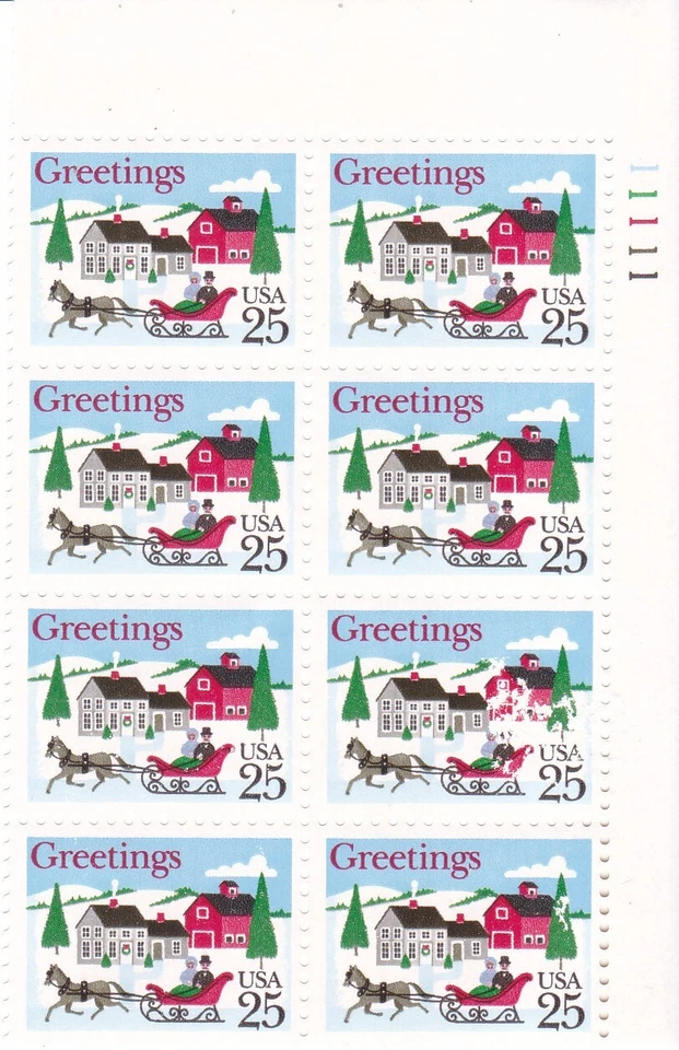 #2400 1988 25c Christmas Sleigh Stamps EXTREMELY RARE ERROR Plate Block of 8 NEW - Image 1 of 3