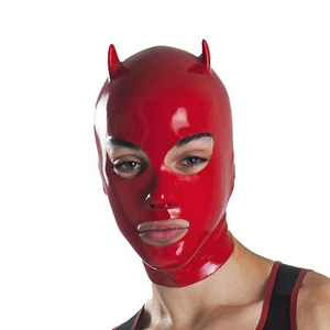 Latex Hood Rubber Mask with Devil Horns Catsuit Clubwear Fetish BDSM Cosplay - Picture 1 of 6