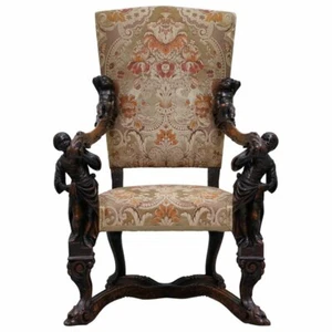 VALENTINO PANCIERA BESAREL 19TH CENTURY ITALIAN WALNUT CHERUB CARVED ARMCHAIR - Picture 1 of 12