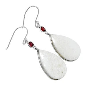 Natural White Scolecite & Garnet 925 Sterling Silver Earrings Jewelry E-1002 - Picture 1 of 5