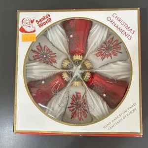 Vintage Glas Glocke Ornamente West Germany 6er Set rot & weiß, Glimmer, orig Karton - Bild 1 von 10