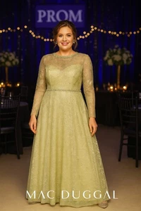 Mac Duggal Formal Gown Dress 18 Green Lace Rhinestone Long Sleeve Modest Elegant - Picture 1 of 20