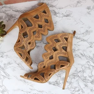 Zara Tan Brown Leather Cut Out Zig Zag Peep Toe Ankle Boot Heels 41 Women's - Picture 1 of 9