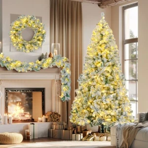 6FT Snow Flocked Christmas Tree,Pre-Lit Set Artificial Hinged Xmas LED Lights - Picture 1 of 9