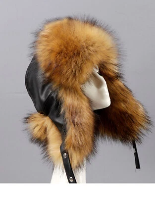 Hombres Mujeres Ushanka Soldado Ruso Sombrero Imitación Piel PU Cosaco Trampero Sombreros de Aviador Foto 1 de 4