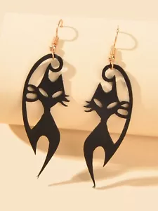 Gothic Punk Pu Leather Hollow Black Cat Lady Pendant Dangle Statement Earrings - Picture 1 of 4