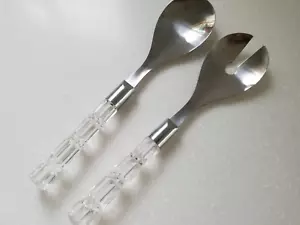 Stainless Steel & Lucite Handle Salad Servers Fork & Spoon 10.5" - Picture 1 of 6