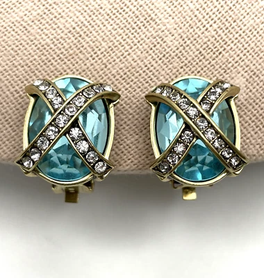 HEIDI DAUS "Crystal X" Crystal Button Earrings - Aqua/Clip-On - NWT - Image 1 of 4