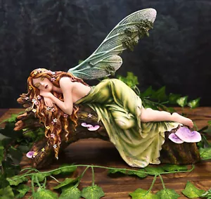Ebros schöne grüne Waldfee mit roten Haaren Schlafen auf Baum Holz Statue - Bild 1 von 6