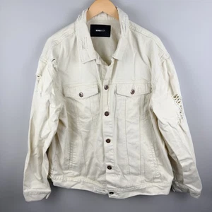 Fashion Nova Denim Trucker Jean Jacket Coat Men's 2XL Distressed Cream Beige - Picture 1 of 3