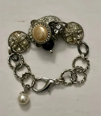 UpCycled Vintage Charm Bracelet rhinestones sand dollars oval center signed LB - Image 1 of 4
