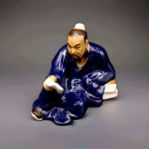 Vintage chinesische Figur Kobaltblau Glasur Mann liest Prägemarke signiert - Bild 1 von 6