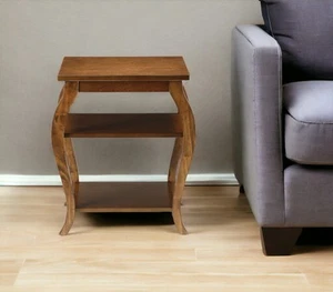 23" Brown Wood Bow Leg End Table With Two Shelves - Picture 1 of 7