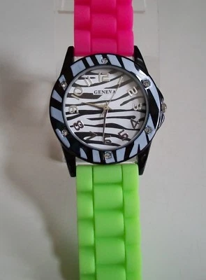 Women's/Girl's  Pink & Green Zebra Jelly Silicone Band Fashion Casual Watch - Image 1 of 4