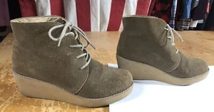 Eddie Bauer Brown Suede Leather Wedge Ankle Boot Booties Shoes Womens 7M Lace up - Picture 1 of 14