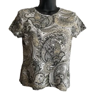 Croft & Barrow Paisley Print Short Sleeve Top Size PS Cream Taupe Black Classic - Picture 1 of 6