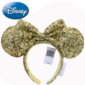 Headband Anniversary New Minnie Mouse Rare Ears Gold Sequins Bow Mickey'Disney