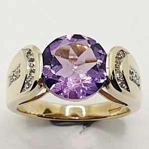 Chunky 9ct Amethyst and Diamond Shoulder Shank Yellow Gold 375 Ring Size N 1/2 - Picture 1 of 24