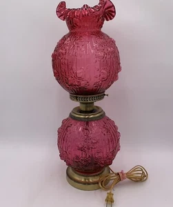 Vintage Jumbo Fenton Cranberry Poppy 'Gone With The Wind' Cabbage Rose Lamp 29" - Picture 1 of 19