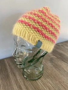 Hand Knitted Angora Beanie Hat: Yellow, Pink & Green, by KnittedNature - Picture 1 of 1