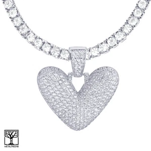 Bubble Letter V Initial Silver Plated Iced Pendant CZ 24" Tennis Chain Necklace - Picture 1 of 3
