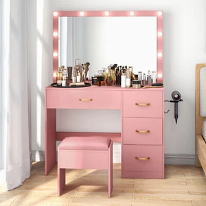 Vanity Desk Set  Makeup Dressing Table with 3 Color LED Lighted Mirror Dresser - Picture 1 of 6