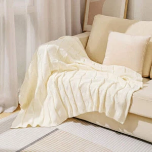 Beige Cozy Lightweight Acrylic Knit Throw Blanket - Diamond Waffle Texture for S - Picture 1 of 5