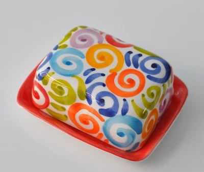 BASSANO KERAMIK  kleine  Butterdose BUNTE SPIRALEN Rot MEDITERRANES GESCHIRR - Bild 1 von 2