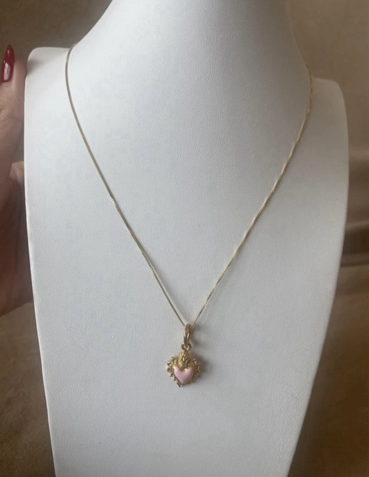 Collana Argento 925 Bagno In Oro Cuore Sacro Smaltato Rosa - Immagine 1 di 1