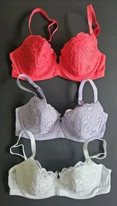 Vtg Victoria's Secret Bras 36B Lot of 3 Embroidered Mesh Lined Scallop Trim Red - Picture 1 of 10