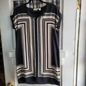 Cynthia Rowley Women’s 100% Silk Black Cream Tan Geometric Print Dress Size 2 - Picture 1 of 5
