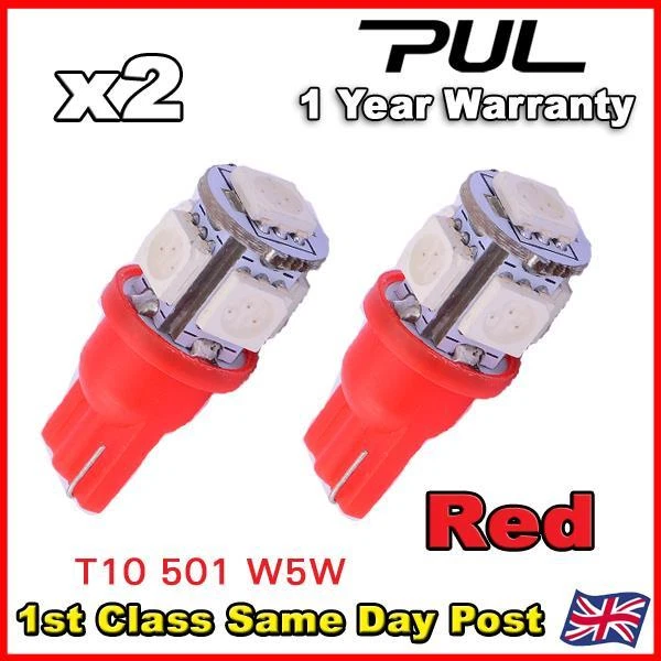 2 X 5 SMD LED 501 T10 W5W PUSH WEDGE 360 HID RED SIDE LIGHT BULB - Image 1 of 1