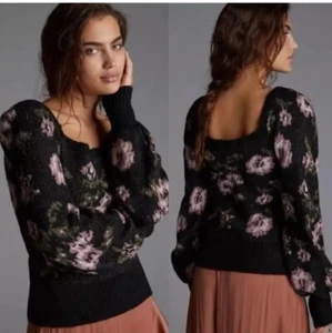 Anthropologie Square Neck Puff Sleeve Dark Floral Sweater in Black Large NEW - Picture 1 of 5