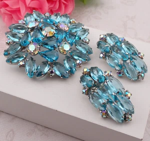 Vintage Aqua Marquise AB Open Back Rhinestone Pin Brooch Clip Earring Set - Picture 1 of 5