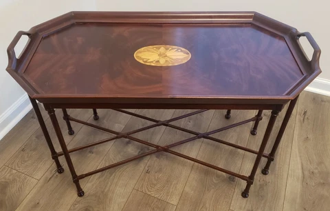COUNCILL Vintage Refined Flame Mahogany Fixed Tray Coffee Table Tea Flower Inlay Cover