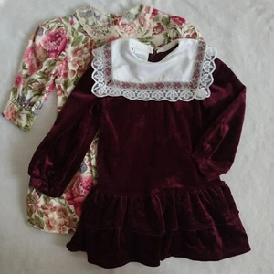 Bonnie Jean Lot of 2 Vtg Girls Dresses 5 6 Velvet Floral Christmas Party Dress - Picture 1 of 14