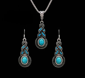 Women Fashion Jewelry Turquoise Crystal Hook Earrings Necklace Set Pendant Gift 
