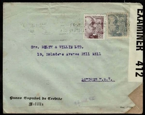 1943 WWII Dual Censor Advert Cover Melilla To London Franked 55c For Charity - Picture 1 of 2