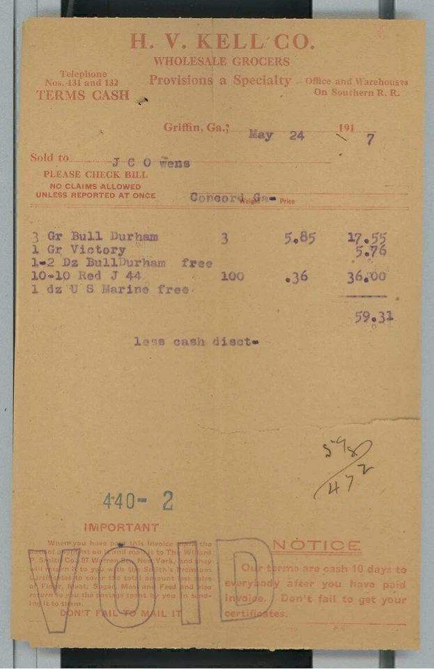 Factura 1917 HV Kell Co Griffin GA Grocers Bull Durham Victory Red Tobacco A16 Foto 1 de 2