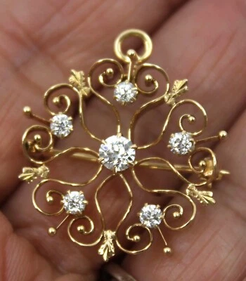 Swirl Round Diamond Pendant / Pin Brooch 14k Solid Yellow Gold 0.70 Dtw - Image 1 of 4