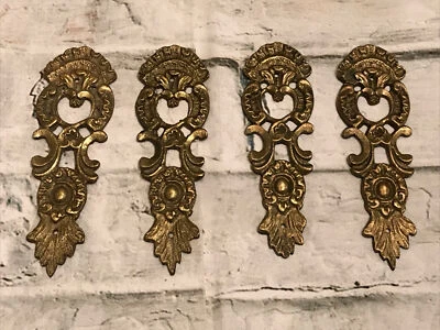 Lot of 4 Antique Gild Brass Furniture Pediments Decorative Hardware Appliques  - Image 1 of 4