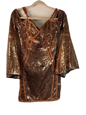 Wow Couture Vestido de Cóctel Lentejuelas Cobre Hombro Frío Glam Rock Fiesta Festival Foto 1 de 4