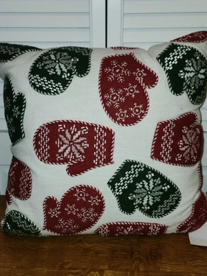 Isaac Mizrahi Embroidered Mitten Decorative Accent Pillow 18"x18" Winter NEW - Image 1 of 4