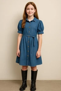 WONDER NATION Girls Blue Denim Cotton Puffed Sleeve Minimalist Dress SZ XXL/18 - Picture 1 of 13