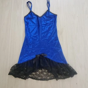 Petra Fashions Womens Vintage Blue Black Lace Nighty Teddy Chemise Size Small - Picture 1 of 9