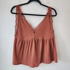 Blusa sin mangas acanalada con ribete de encaje bohemio rosa coral Umgee talla S - Imagen 1 de 5