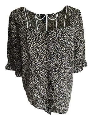 New Look Women Blouse Top Size 10 Black Mix Floral Square Neck 3/4 Puffy Sleeves - Image 1 of 4