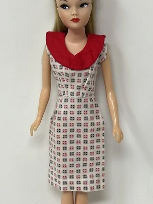 Vintage Barbie Clothes Clone Doll Dress Miss Suzette Red Gray Grey Print Dress - Image 1 of 4