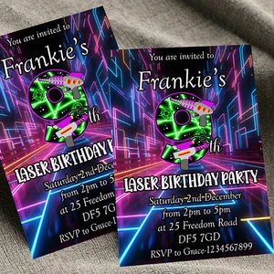 Personalised Laser Birthday Party Invitations Boys Laser Games  Invites A6 x10 - Picture 1 of 4